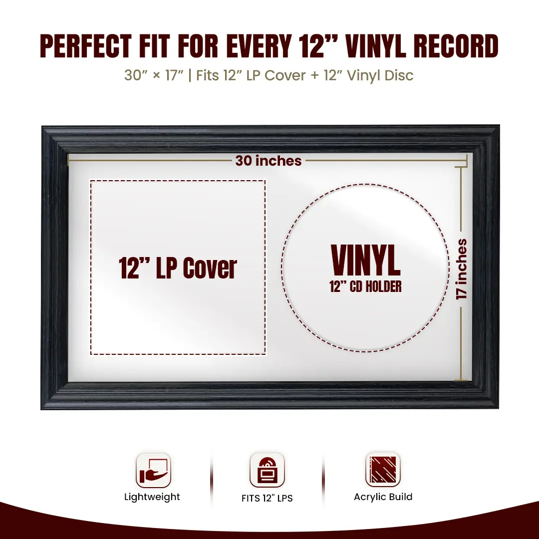 30x17" Classic Black Vinyl Record Frame With Ice White Mount | Displays 12" LP Cover & Disc Side by Side thumbnail 3