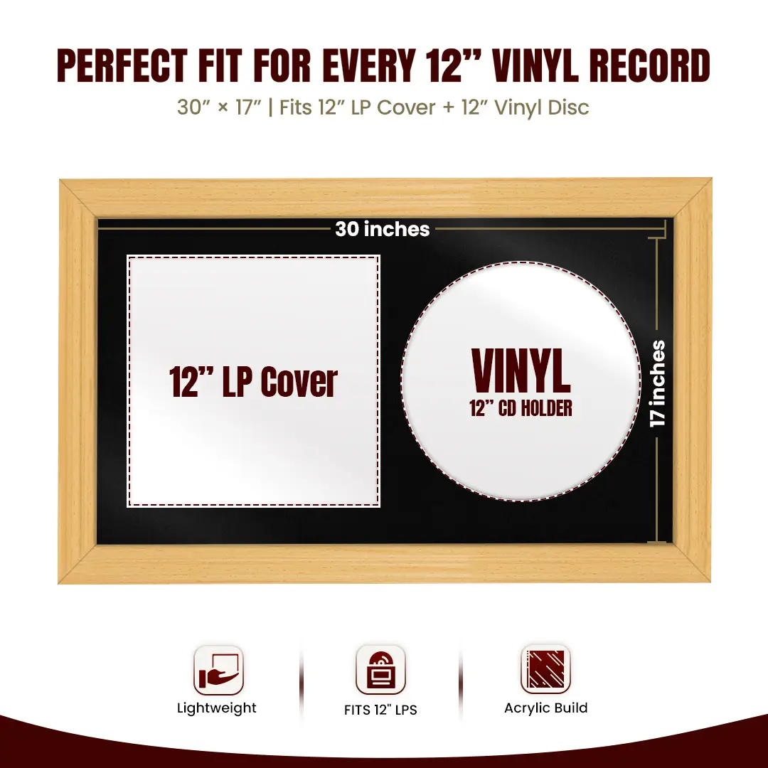30x17" Classic Country Pine Vinyl Record Frame With Black Mount | Displays 12" LP Cover & Disc Side by Side thumbnail 3