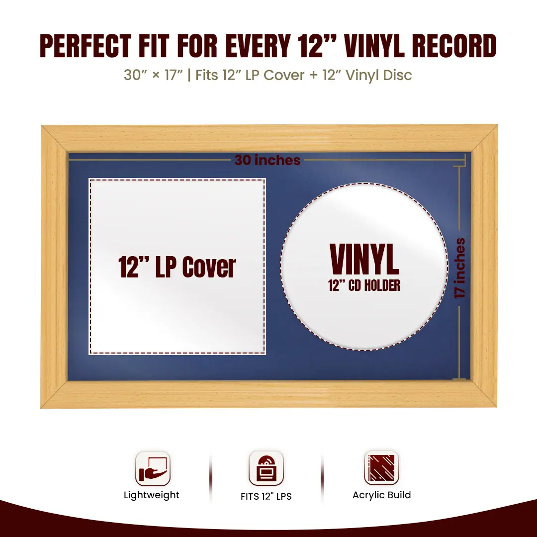 30x17" Classic Country Pine Vinyl Record Frame With Silver Mount | For 12" LP Cover and Disc Side By Side Display thumbnail 3