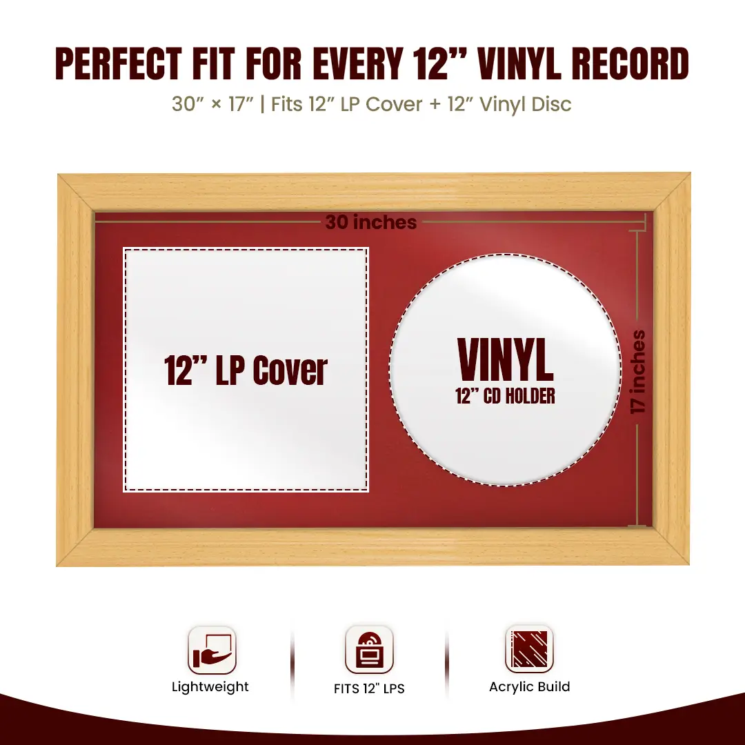 30x17" Classic Country Pine Vinyl Record Frame With Crimson Mount | Displays 12" LP Cover & Disc Side by Side thumbnail 3