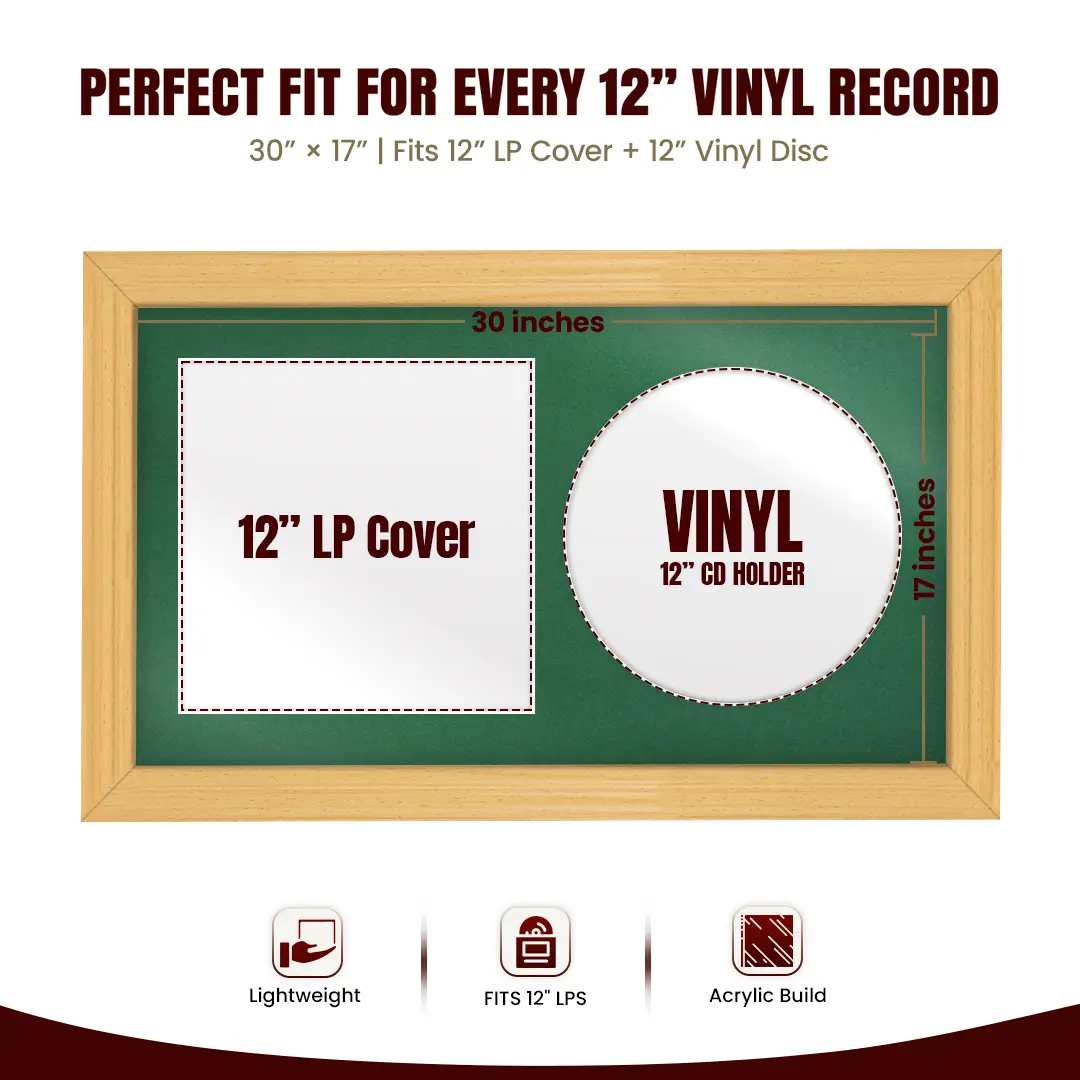 30x17" Classic Country Pine Vinyl Record Frame With Emerald (Green) Mount | Side by Side 12" LP Cover & Disc Display thumbnail 3