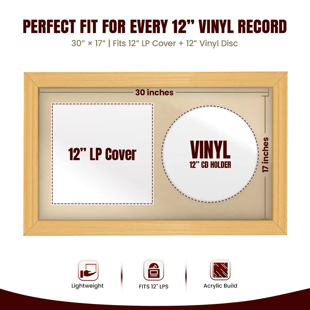 30x17" Classic Country Pine Vinyl Record Frame With Ivory Mount | Side by Side 12" LP Cover & Disc Display thumbnail 3