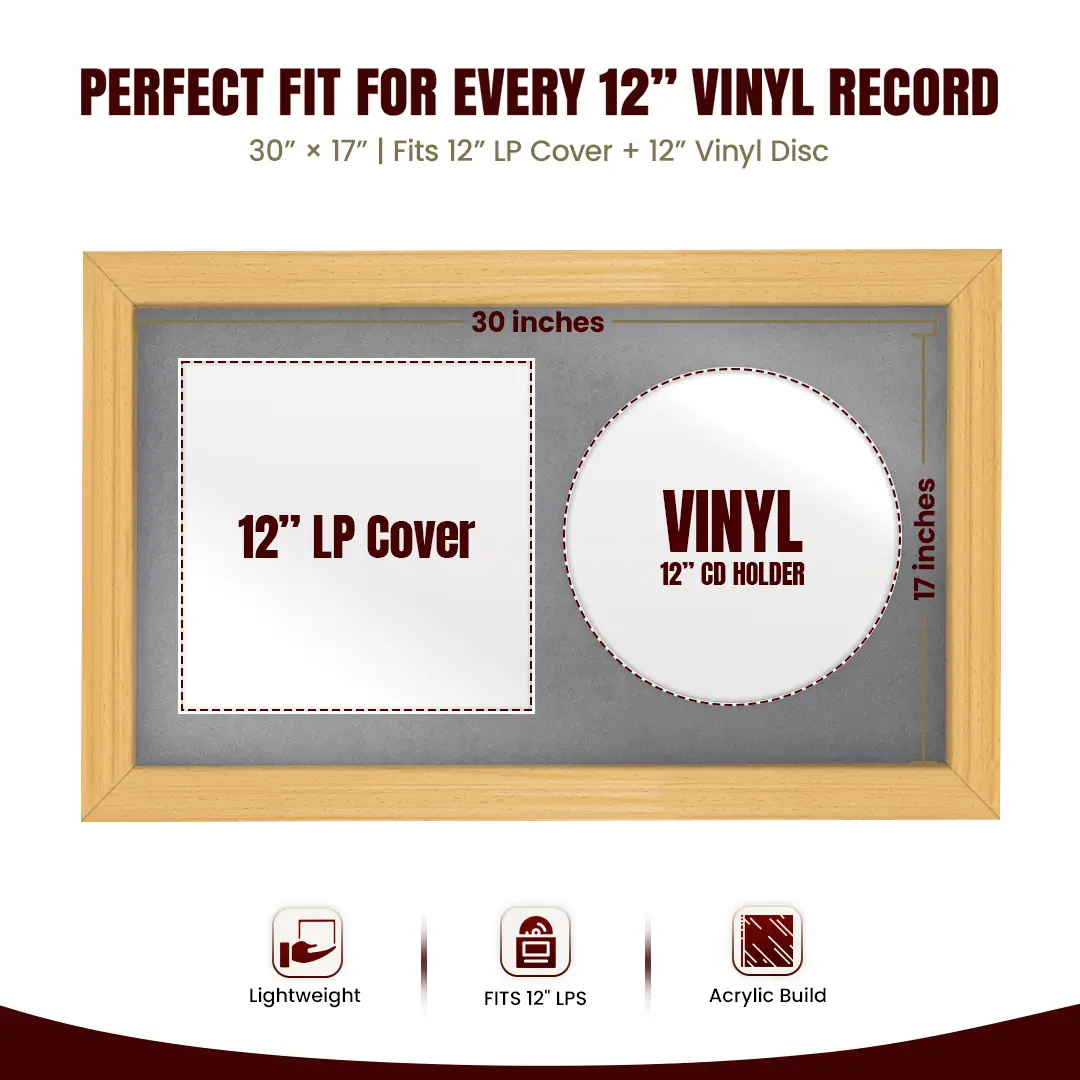 30x17" Classic Country Pine Vinyl Record Frame With Mid Grey Mount | For 12" LP Cover and Disc Side By Side Display thumbnail 3