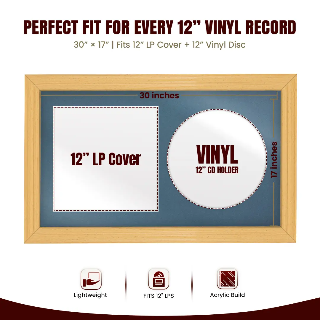 30x17" Classic Country Pine Vinyl Record Frame With Pompador Mount | For 12" LP Cover and Disc Side By Side Display thumbnail 3