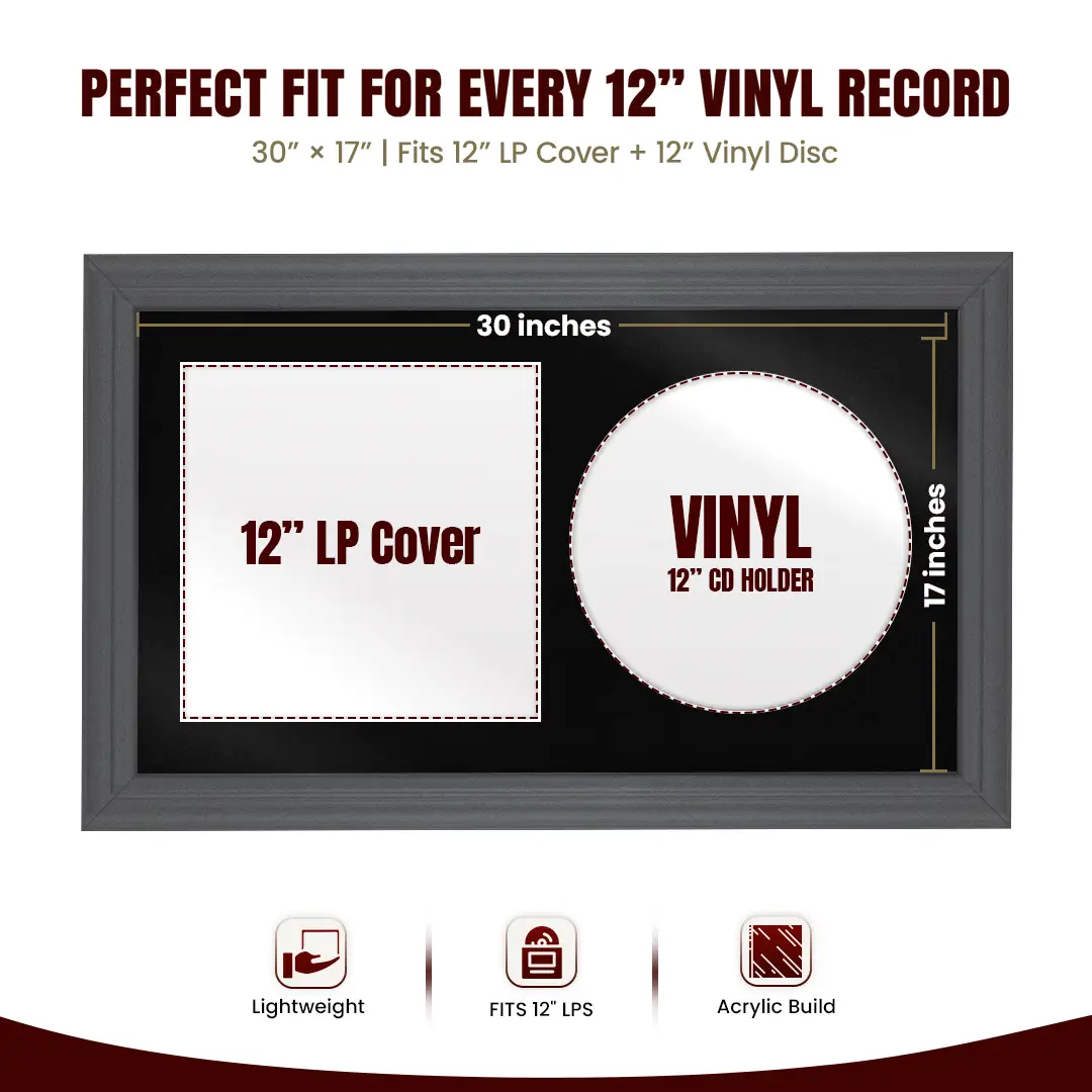 30x17" Classic Dark Grey Vinyl Record Frame With Black Mount | Displays 12" LP Cover & Disc Side by Side thumbnail 3