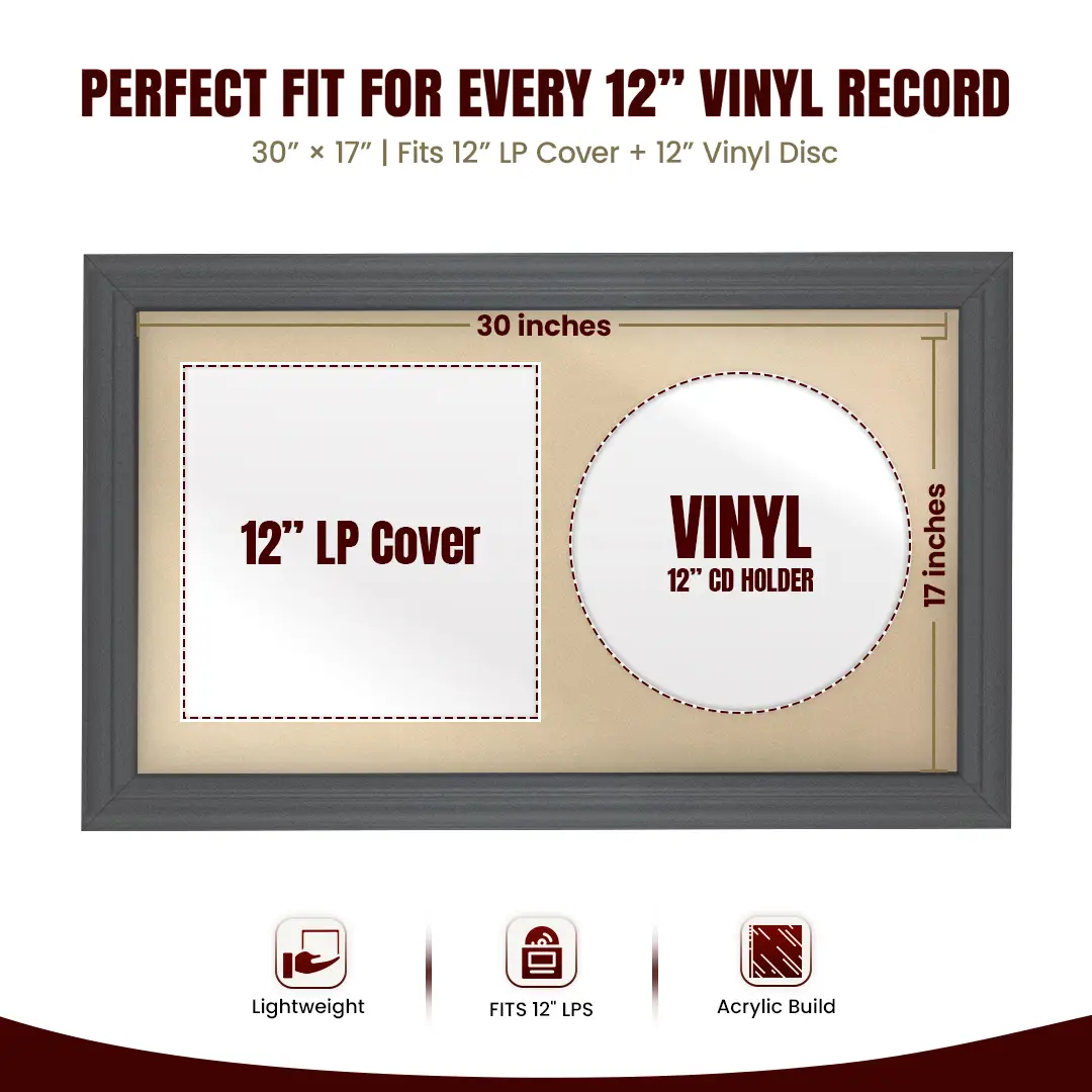 30x17" Classic Dark Grey Vinyl Record Frame With Ivory Mount | Displays 12" LP Cover & Disc Side by Side thumbnail 3