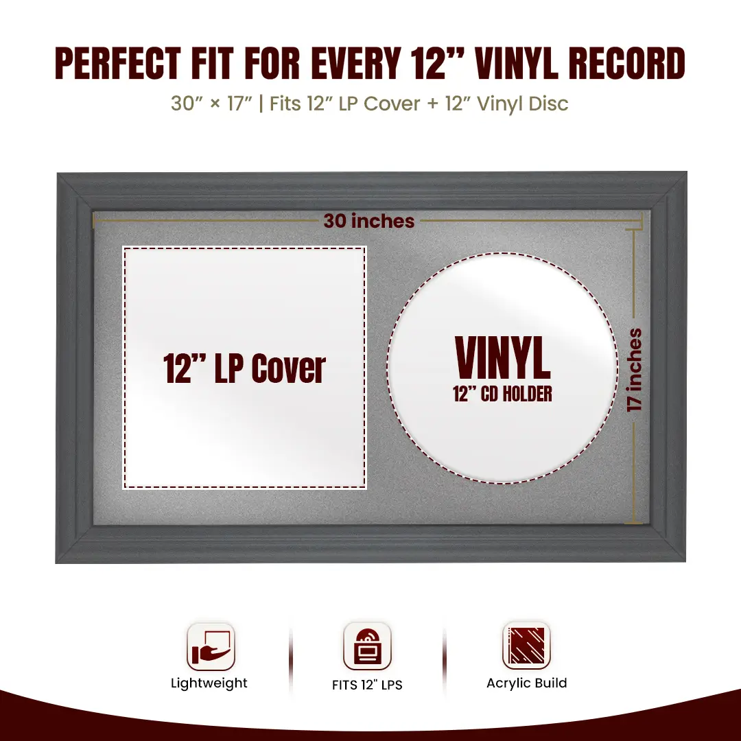 30x17" Classic Dark Grey Vinyl Record Frame With Silver Mount | Displays 12" LP Cover & Disc Side by Side thumbnail 3