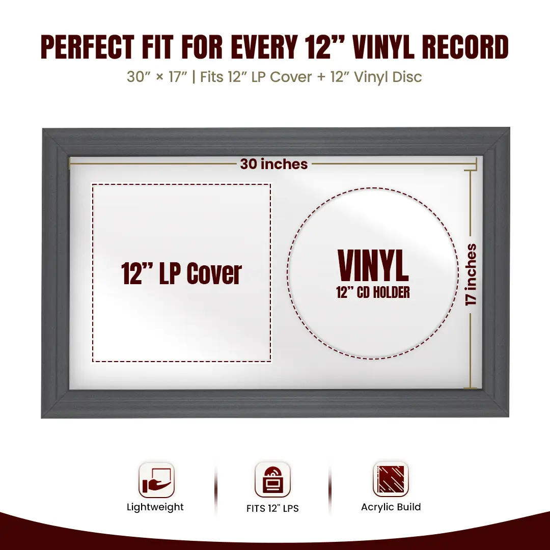 30x17" Classic Dark Grey Vinyl Record Frame With Ice White Mount | Displays 12" LP Cover & Disc Side by Side thumbnail 3