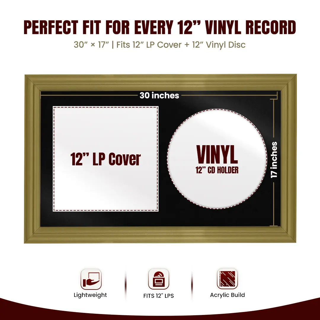 30x17" Classic Gold Vinyl Record Frame With Black Mount | Side by Side 12" LP Cover & Disc Display thumbnail 3