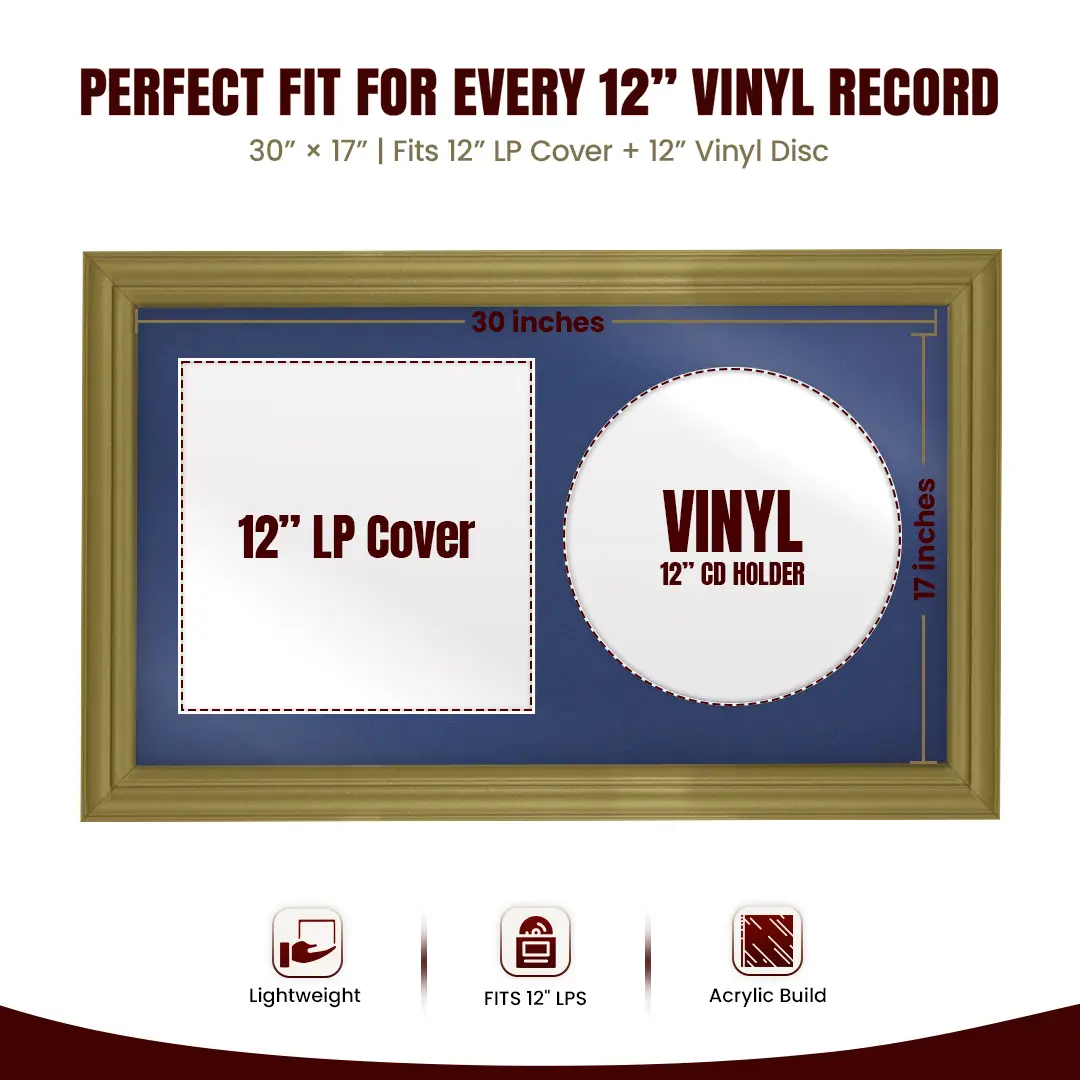 30x17" Classic Gold Vinyl Record Frame With Silver Mount | For 12" LP Cover and Disc Side By Side Display thumbnail 3