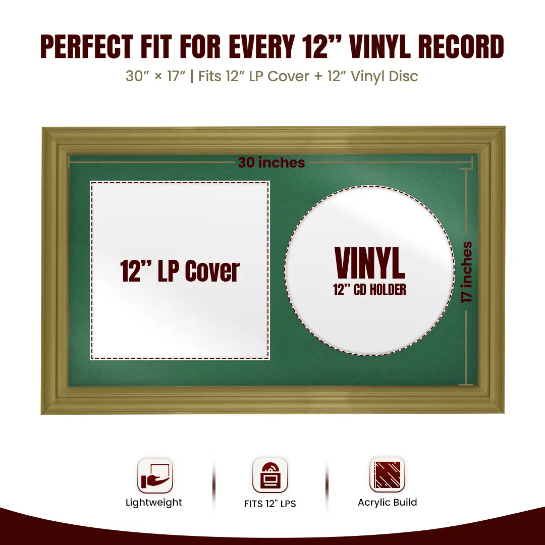 30x17" Classic Gold Vinyl Record Frame With Emerald (Green) Mount | For 12" LP Cover and Disc Side By Side Display thumbnail 3