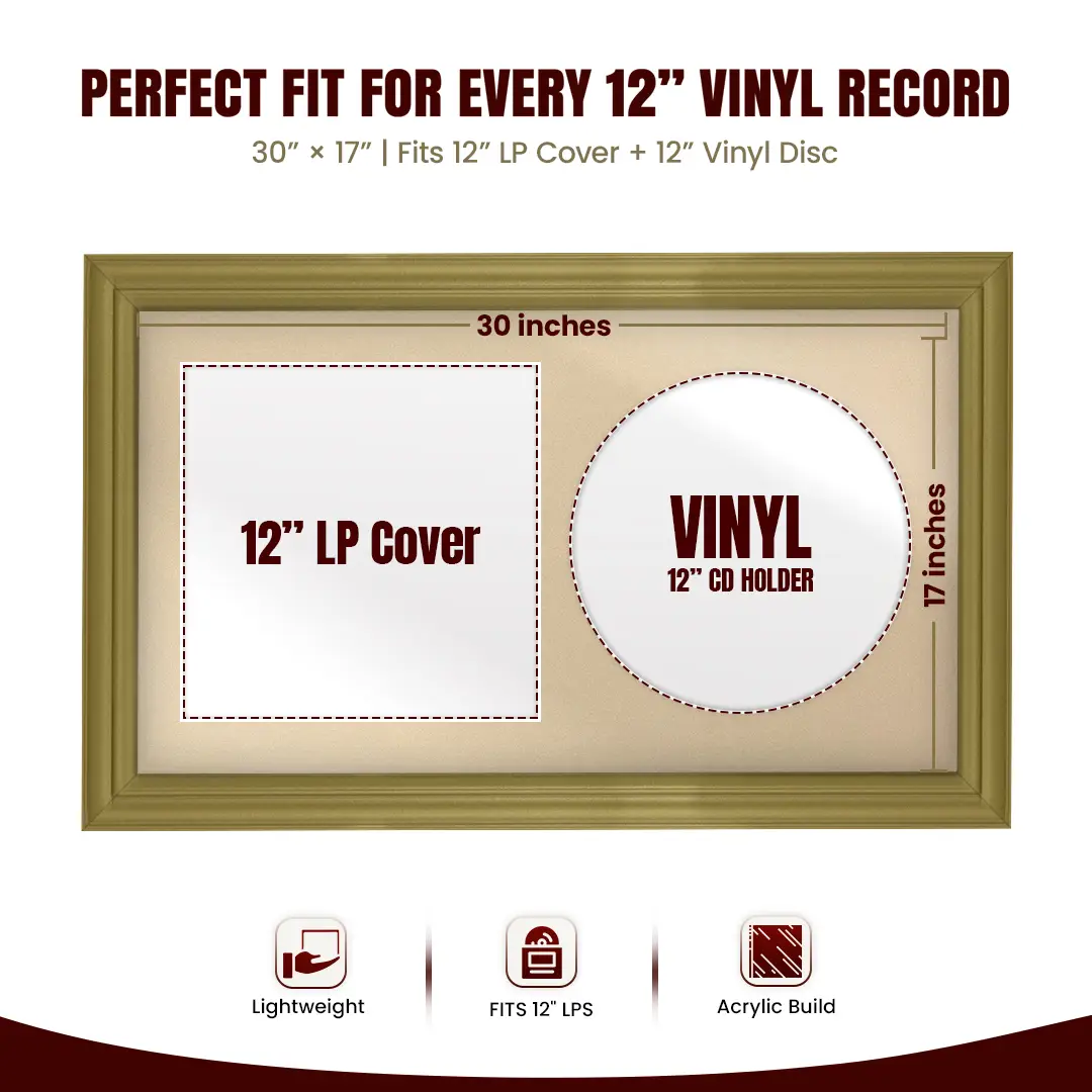 30x17" Classic Gold Vinyl Record Frame With Ivory Mount | Displays 12" LP Cover & Disc Side by Side thumbnail 3