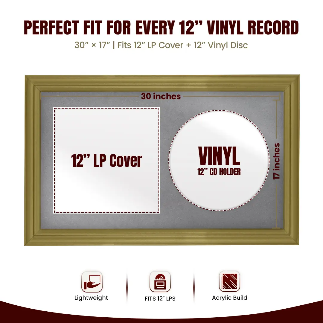 30x17" Classic Gold Vinyl Record Frame With Mid Grey Mount | For 12" LP Cover and Disc Side By Side Display thumbnail 3