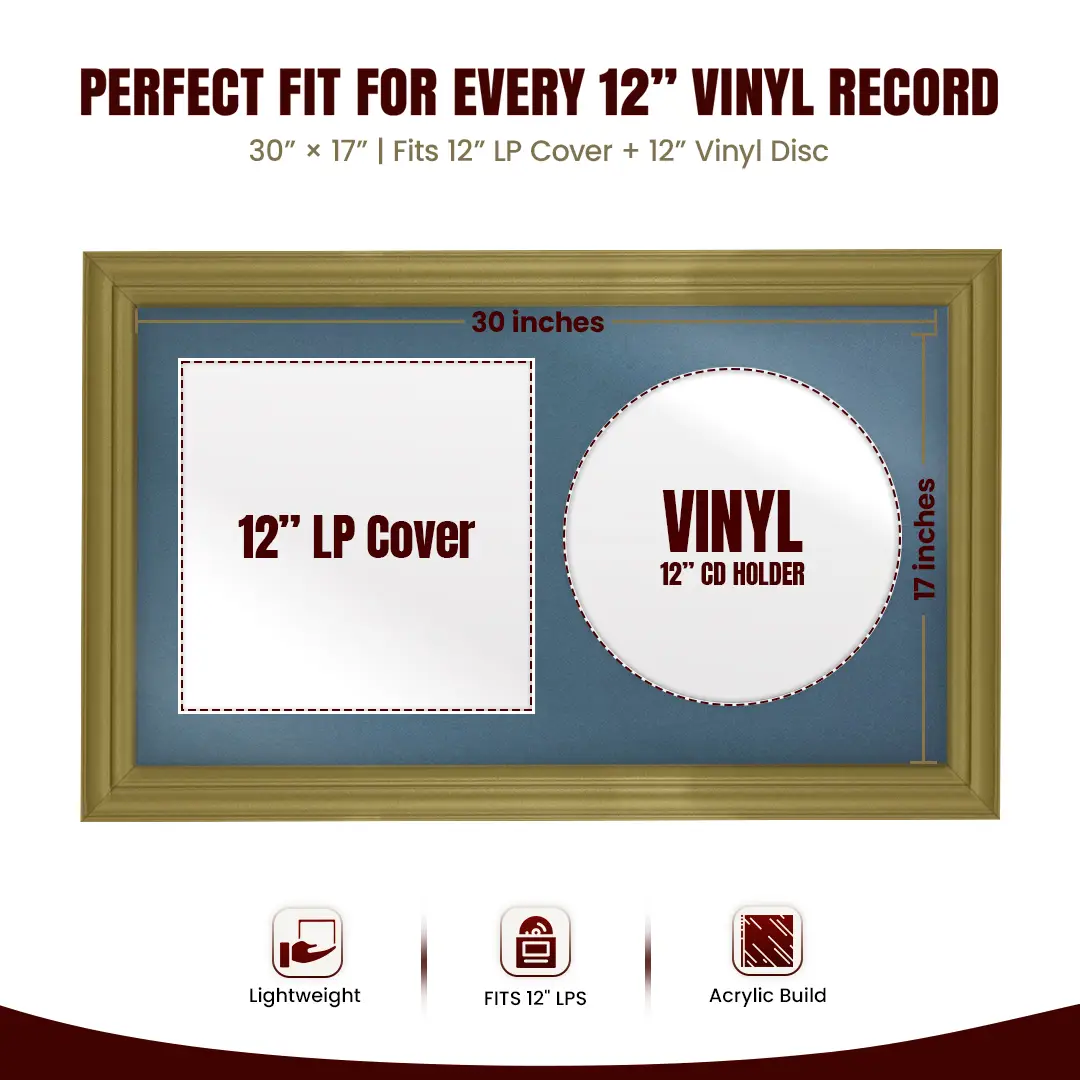 30x17" Classic Gold Vinyl Record Frame With Pompador Mount | Side by Side 12" LP Cover & Disc Display thumbnail 3