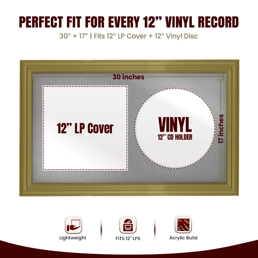 30x17" Classic Gold Vinyl Record Frame With Silver Mount | Displays 12" LP Cover & Disc Side by Side thumbnail 3