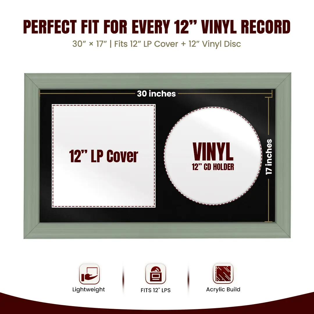 30x17" Classic Green Vinyl Record Frame With Black Mount | Displays 12" LP Cover & Disc Side by Side thumbnail 3