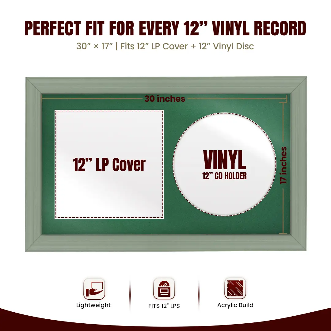 30x17" Classic Green Vinyl Record Frame With Emerald (Green) Mount | Side by Side 12" LP Cover & Disc Display thumbnail 3