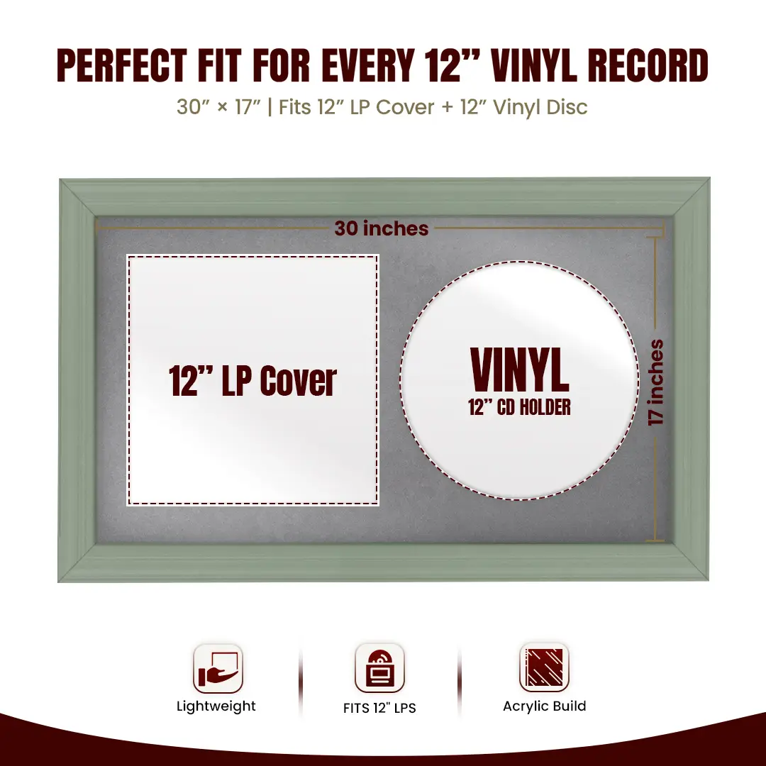 30x17" Classic Green Vinyl Record Frame With Mid Grey Mount | For 12" LP Cover and Disc Side By Side Display thumbnail 3