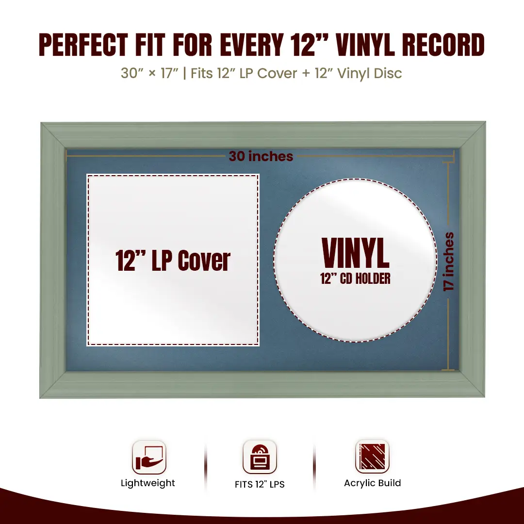 30x17" Classic Green Vinyl Record Frame With Pompador Mount | Displays 12" LP Cover & Disc Side by Side thumbnail 3