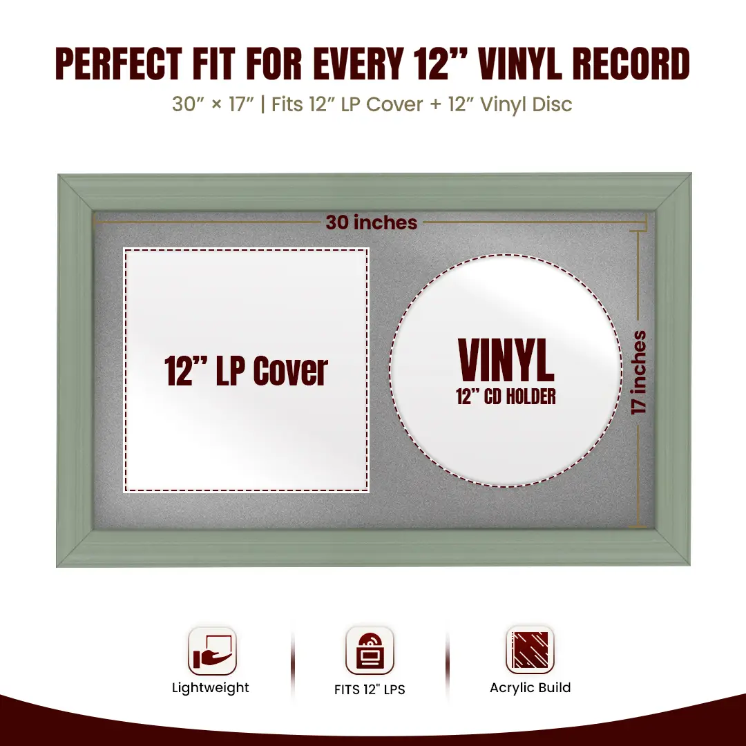 30x17" Classic Green Vinyl Record Frame With Silver Mount | Displays 12" LP Cover & Disc Side by Side thumbnail 3