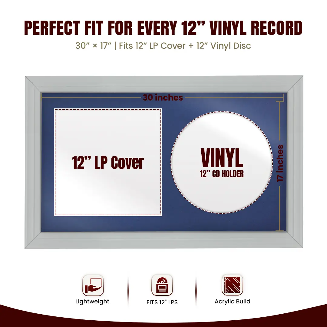 30x17" Classic Light Grey Vinyl Record Frame With Blue Mount | For 12" LP Cover and Disc Side By Side Display thumbnail 3