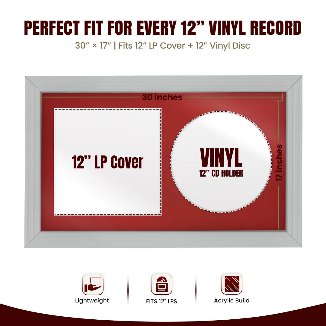 30x17" Classic Light Grey Vinyl Record Frame With Crimson Mount | Side by Side 12" LP Cover & Disc Display thumbnail 3