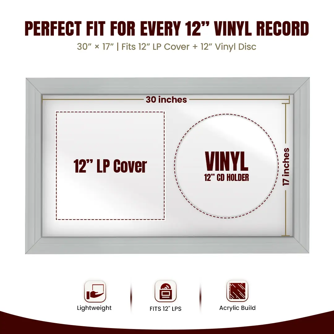 30x17" Classic Light Grey Vinyl Record Frame With Ice White Mount | Displays 12" LP Cover & Disc Side by Side thumbnail 3