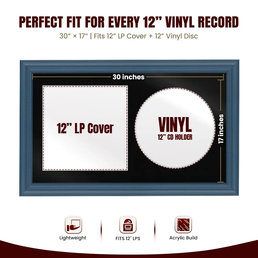 30x17" Classic Navy Blue Vinyl Record Frame With Black Mount | For 12" LP Cover and Disc Side By Side Display thumbnail 3