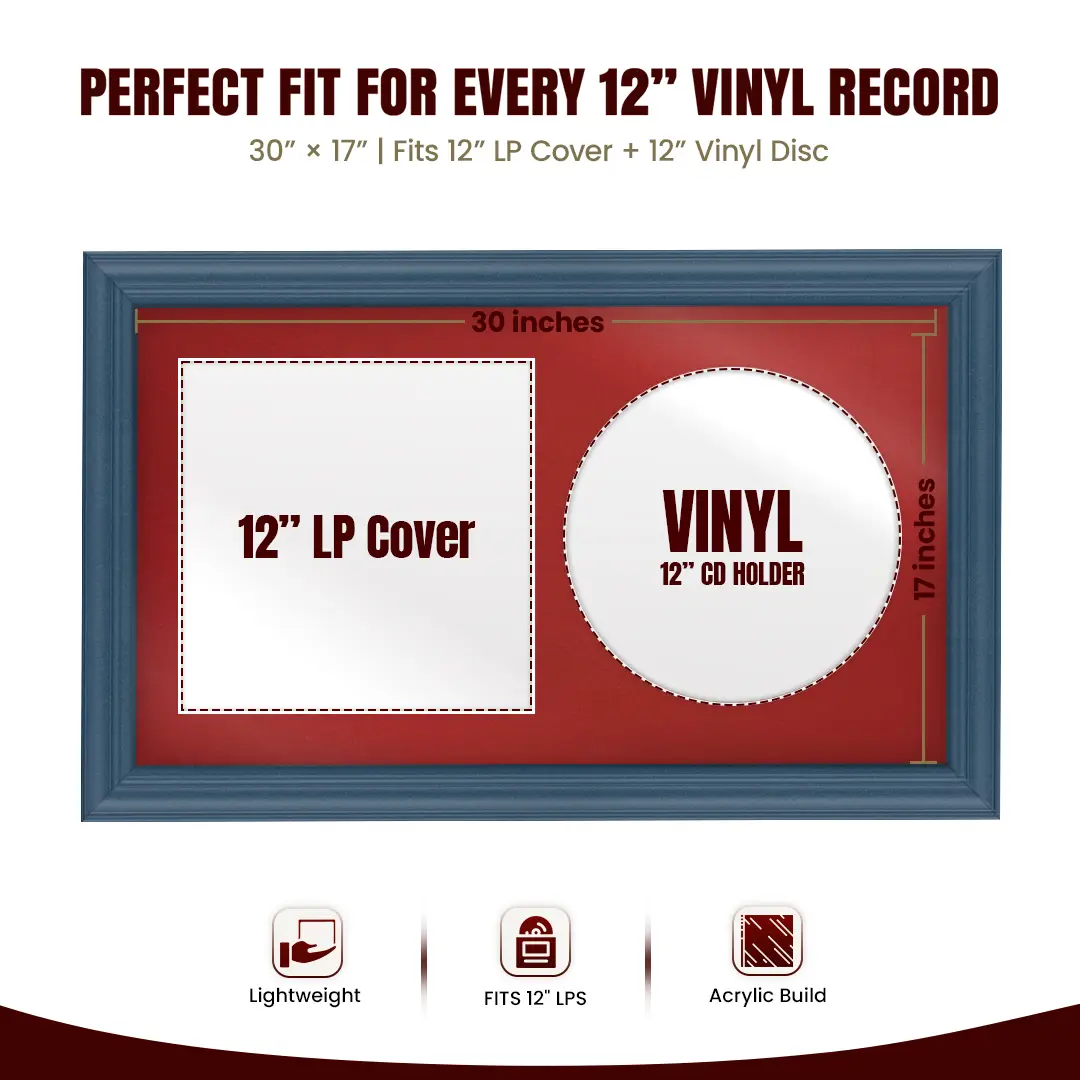 30x17" Classic Navy Blue Vinyl Record Frame With Crimson Mount | For 12" LP Cover and Disc Side By Side Display thumbnail 3