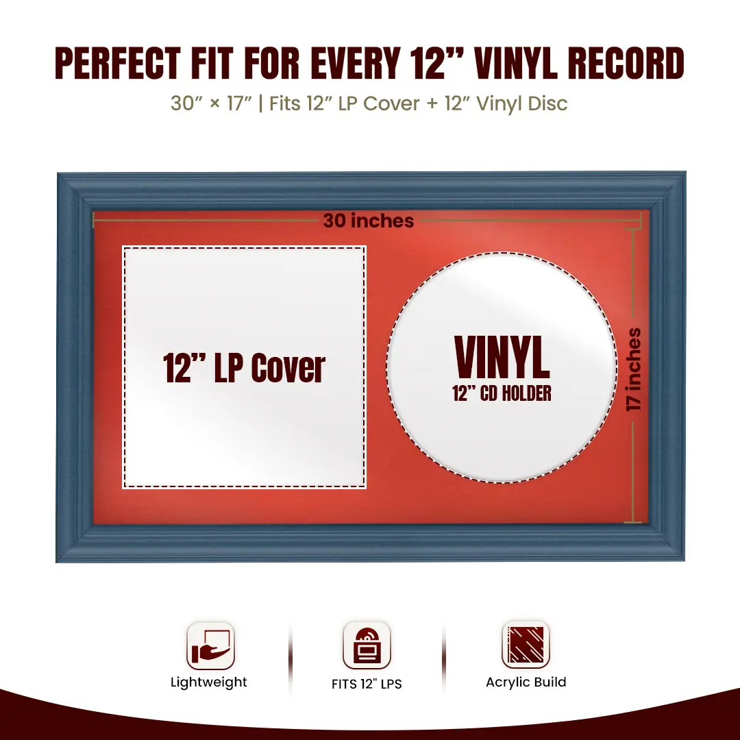 30x17" Classic Navy Blue Vinyl Record Frame With Poppy Red Mount | Displays 12" LP Cover & Disc Side by Side thumbnail 3