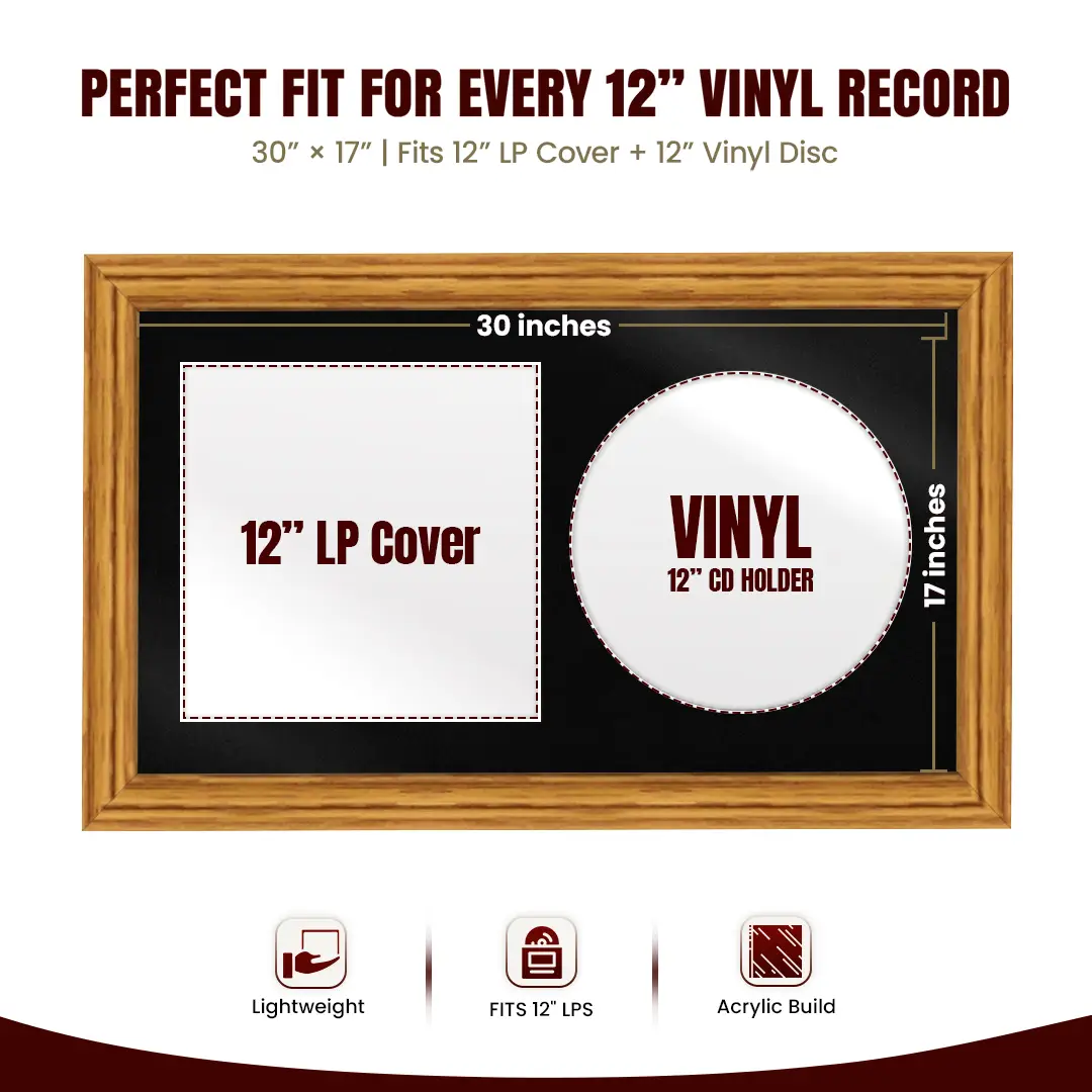 30x17" Classic Oak Vinyl Record Frame With Black Mount | For 12" LP Cover and Disc Side By Side Display thumbnail 3