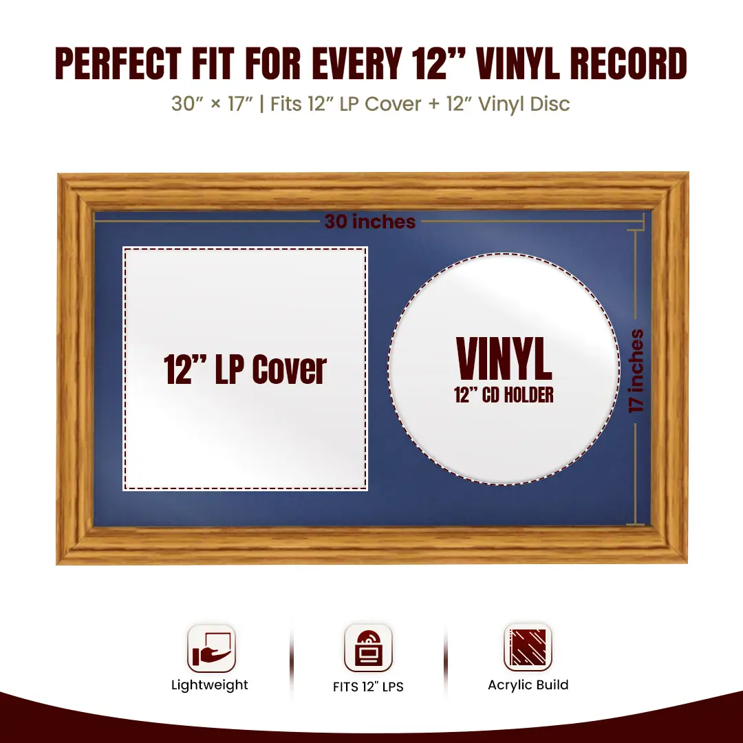 30x17" Classic Oak Vinyl Record Frame With Blue Mount | Displays 12" LP Cover & Disc Side by Side thumbnail 3