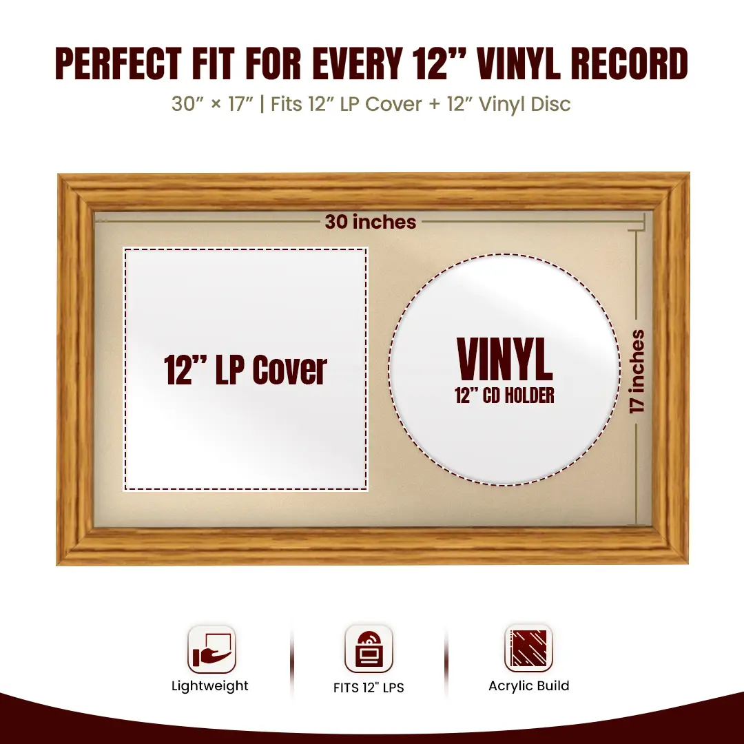 30x17" Classic Oak Vinyl Record Frame With Ivory Mount | Side by Side 12" LP Cover & Disc Display thumbnail 3