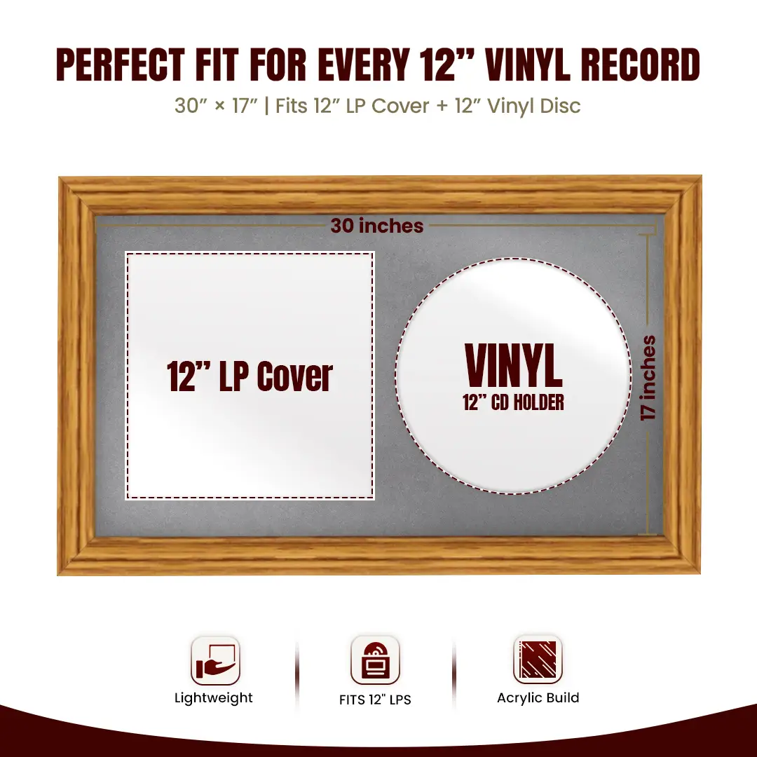 30x17" Classic Oak Vinyl Record Frame With Mid Grey Mount | Displays 12" LP Cover & Disc Side by Side thumbnail 3