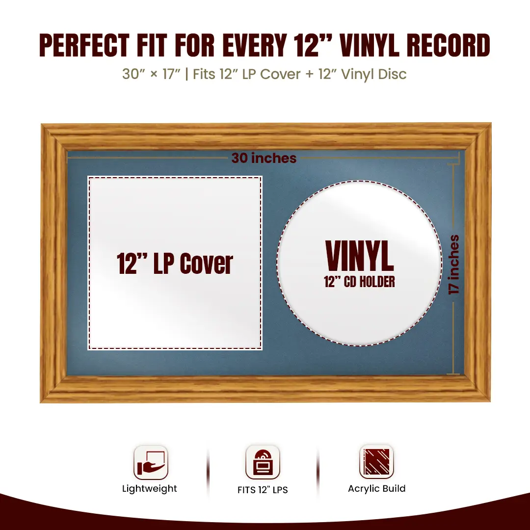 30x17" Classic Oak Vinyl Record Frame With Pompador Mount | Displays 12" LP Cover & Disc Side by Side thumbnail 3