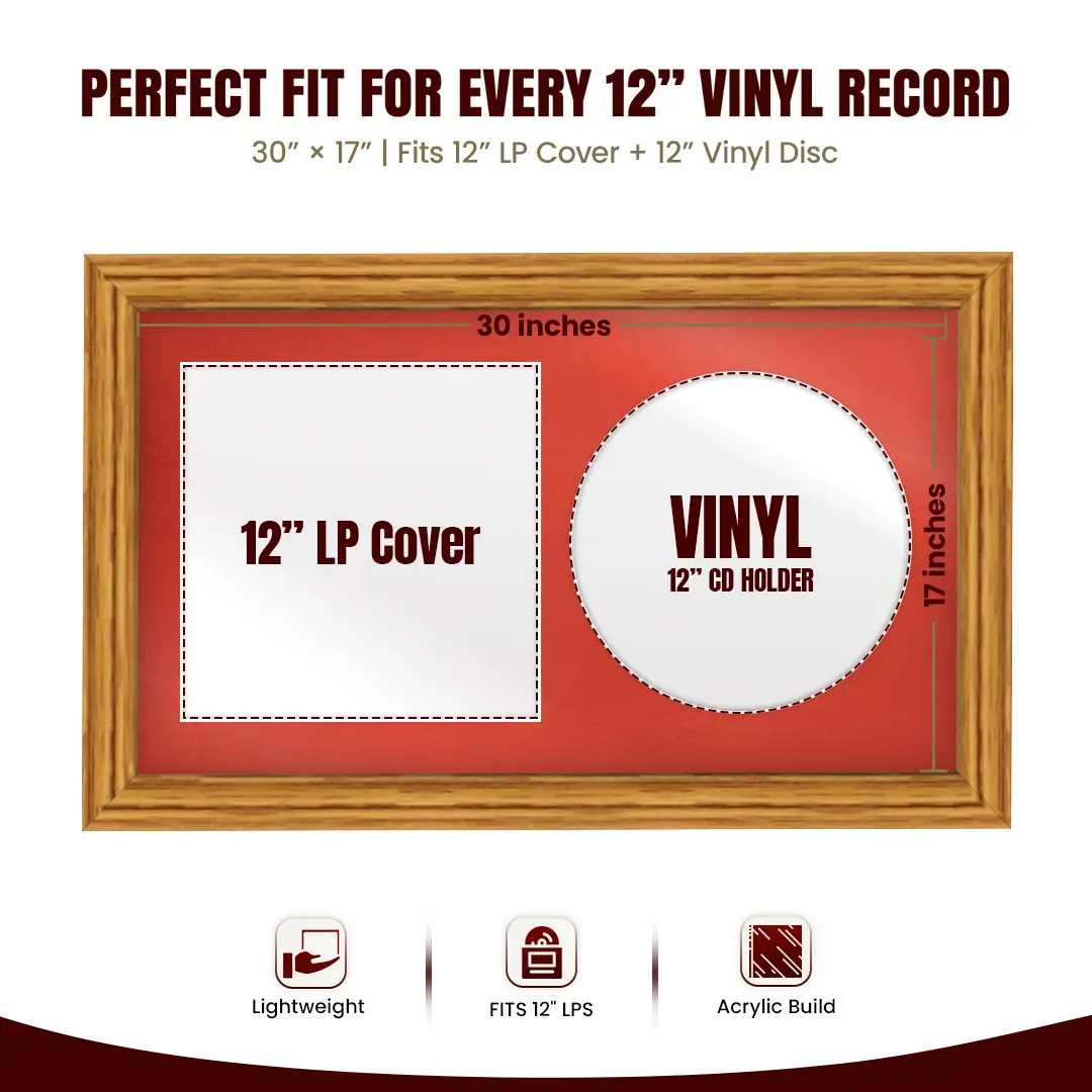 30x17" Classic Oak Vinyl Record Frame With Poppy Red Mount | Displays 12" LP Cover & Disc Side by Side thumbnail 3