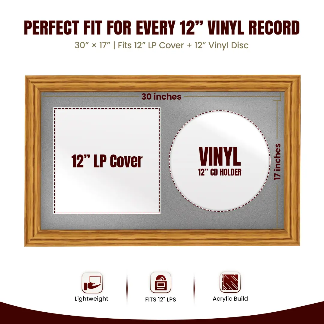 30x17" Classic Oak Vinyl Record Frame With Silver Mount | Displays 12" LP Cover & Disc Side by Side thumbnail 3