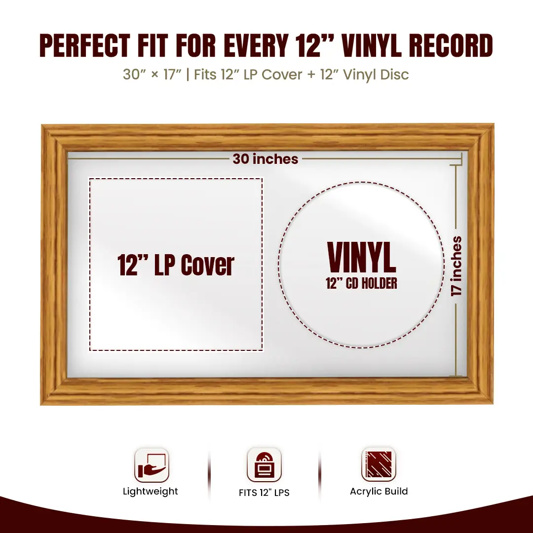 30x17" Classic Oak Vinyl Record Frame With Ice White Mount | Side by Side 12" LP Cover & Disc Display thumbnail 3