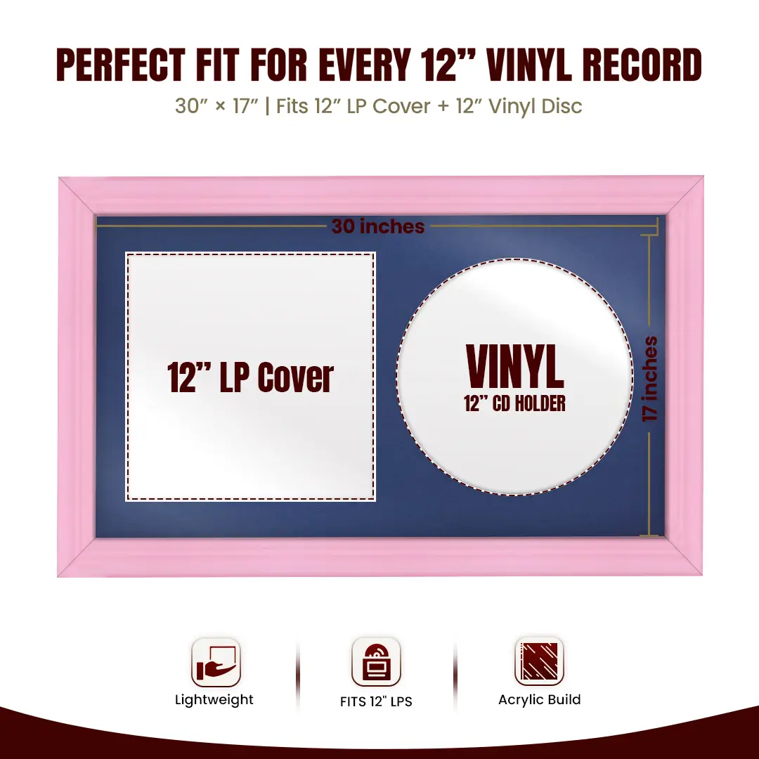 30x17" Classic Pastel Pink Vinyl Record Frame With Blue Mount | For 12" LP Cover and Disc Side By Side Display thumbnail 3
