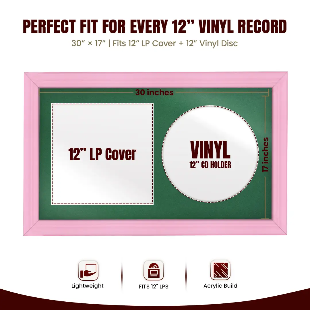 30x17" Classic Pastel Pink Vinyl Record Frame With Emerald (Green) Mount | Side by Side 12" LP Cover & Disc Display thumbnail 3