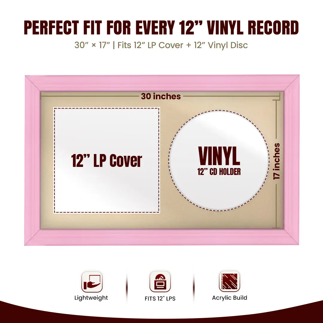30x17" Classic Pastel Pink Vinyl Record Frame With Ivory Mount | Side by Side 12" LP Cover & Disc Display thumbnail 3