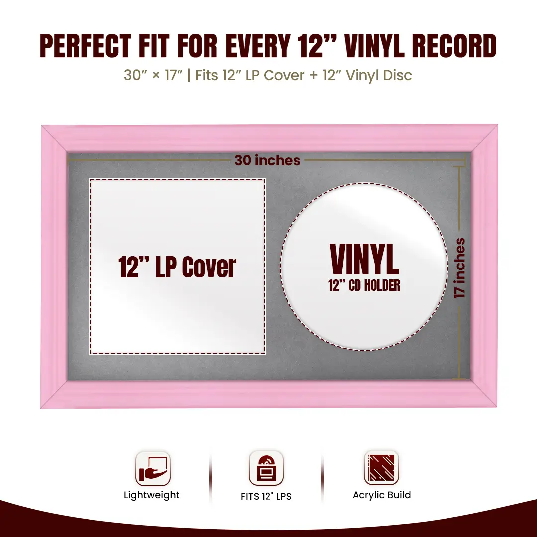 30x17" Classic Pastel Pink Vinyl Record Frame With Mid Grey Mount | Side by Side 12" LP Cover & Disc Display thumbnail 3