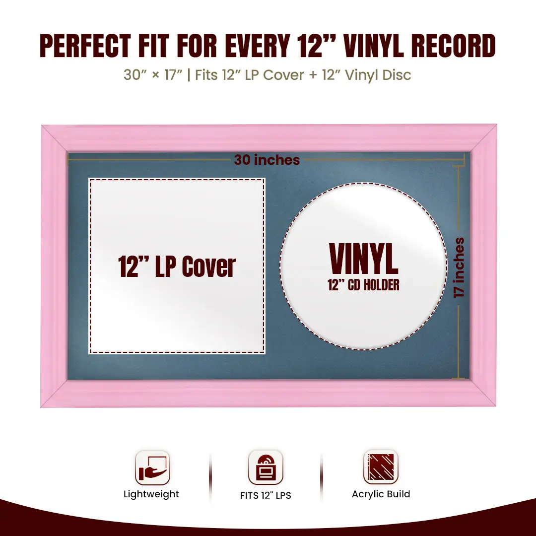 30x17" Classic Pastel Pink Vinyl Record Frame With Pompador Mount | Displays 12" LP Cover & Disc Side by Side thumbnail 3