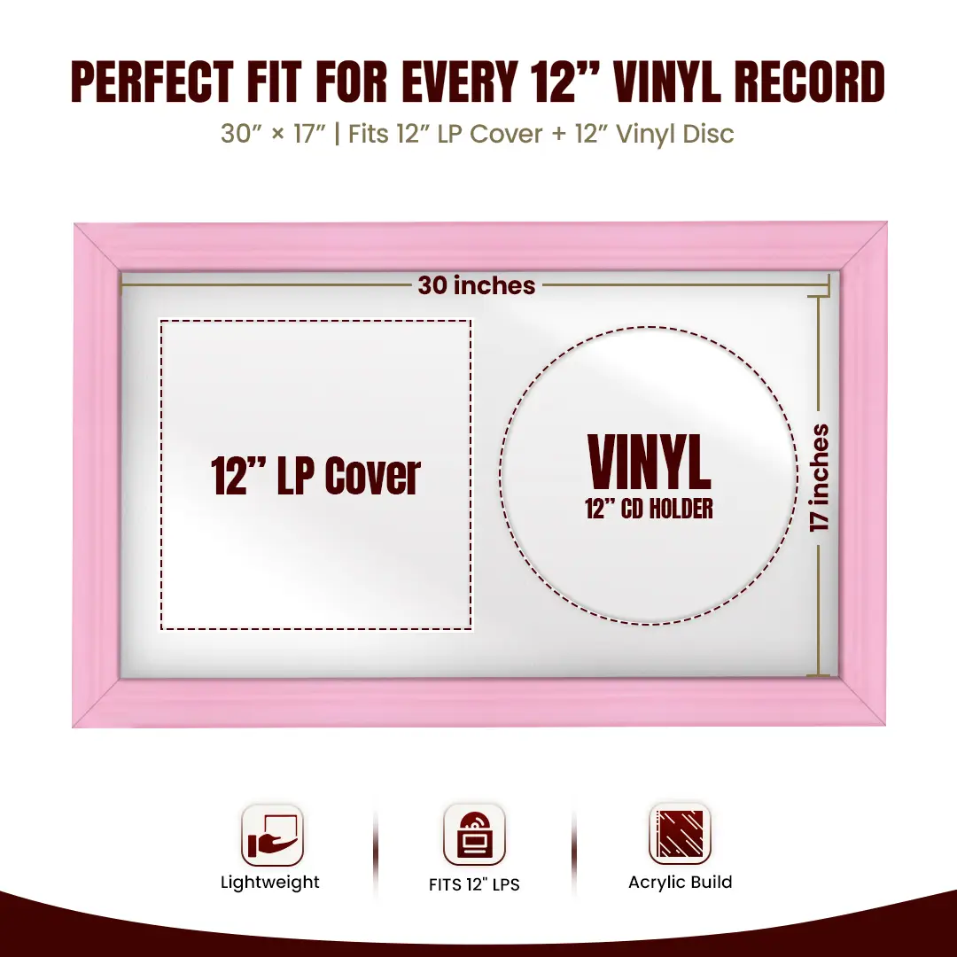 30x17" Classic Pastel Pink Vinyl Record Frame With Ice White Mount | Displays 12" LP Cover & Disc Side by Side thumbnail 3