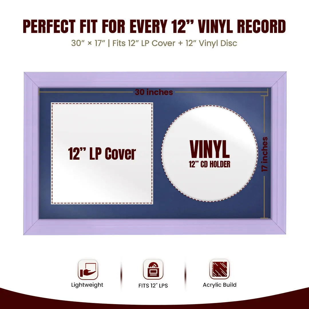 30x17" Classic Purple Vinyl Record Frame With Blue Mount | For 12" LP Cover and Disc Side By Side Display thumbnail 3