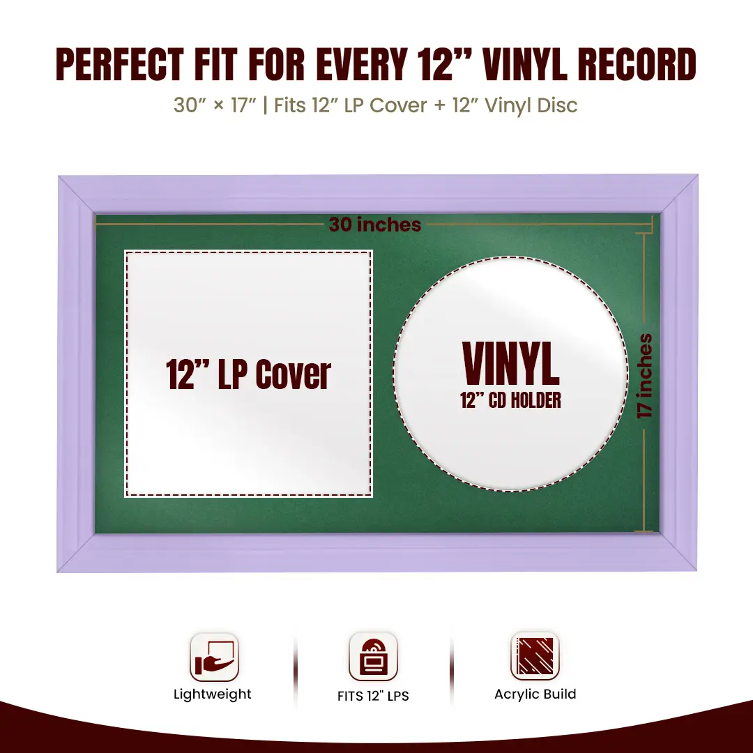 30x17" Classic Purple Vinyl Record Frame With Emerald (Green) Mount | Side by Side 12" LP Cover & Disc Display thumbnail 3