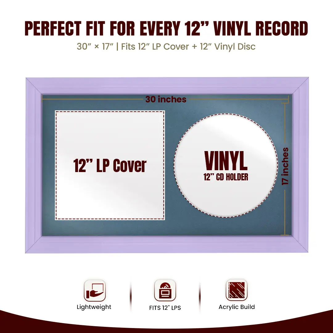 30x17" Classic Purple Vinyl Record Frame With Silver Mount | For 12" LP Cover and Disc Side By Side Display thumbnail 3