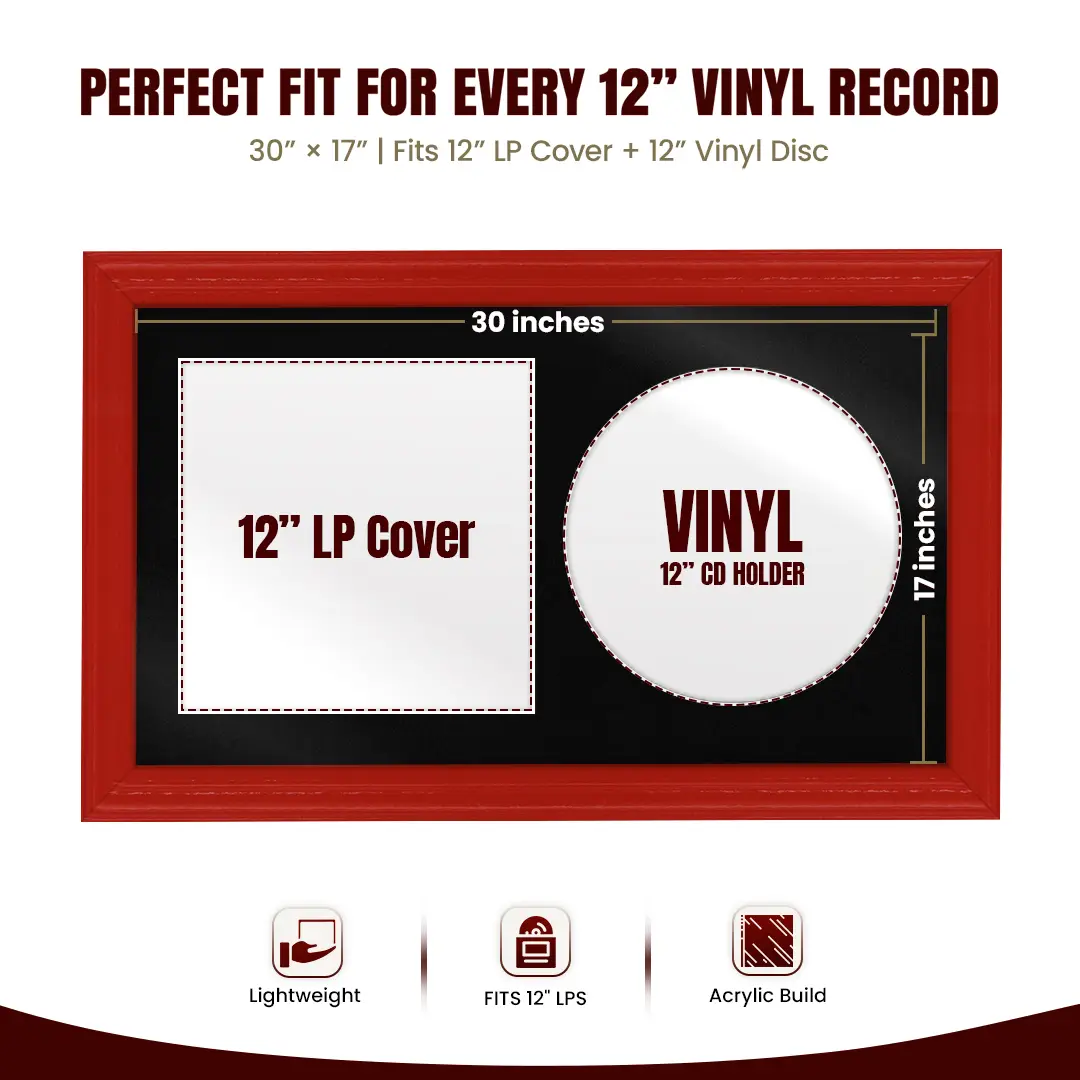 30x17" Classic Vinyl Record Frame With Poppy Red Mount | Side by Side 12" LP Cover & Disc Display thumbnail 3