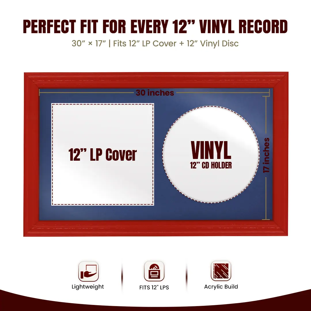 30x17" Classic Red Vinyl Record Frame With Blue Mount | For 12" LP Cover and Disc Side By Side Display thumbnail 3