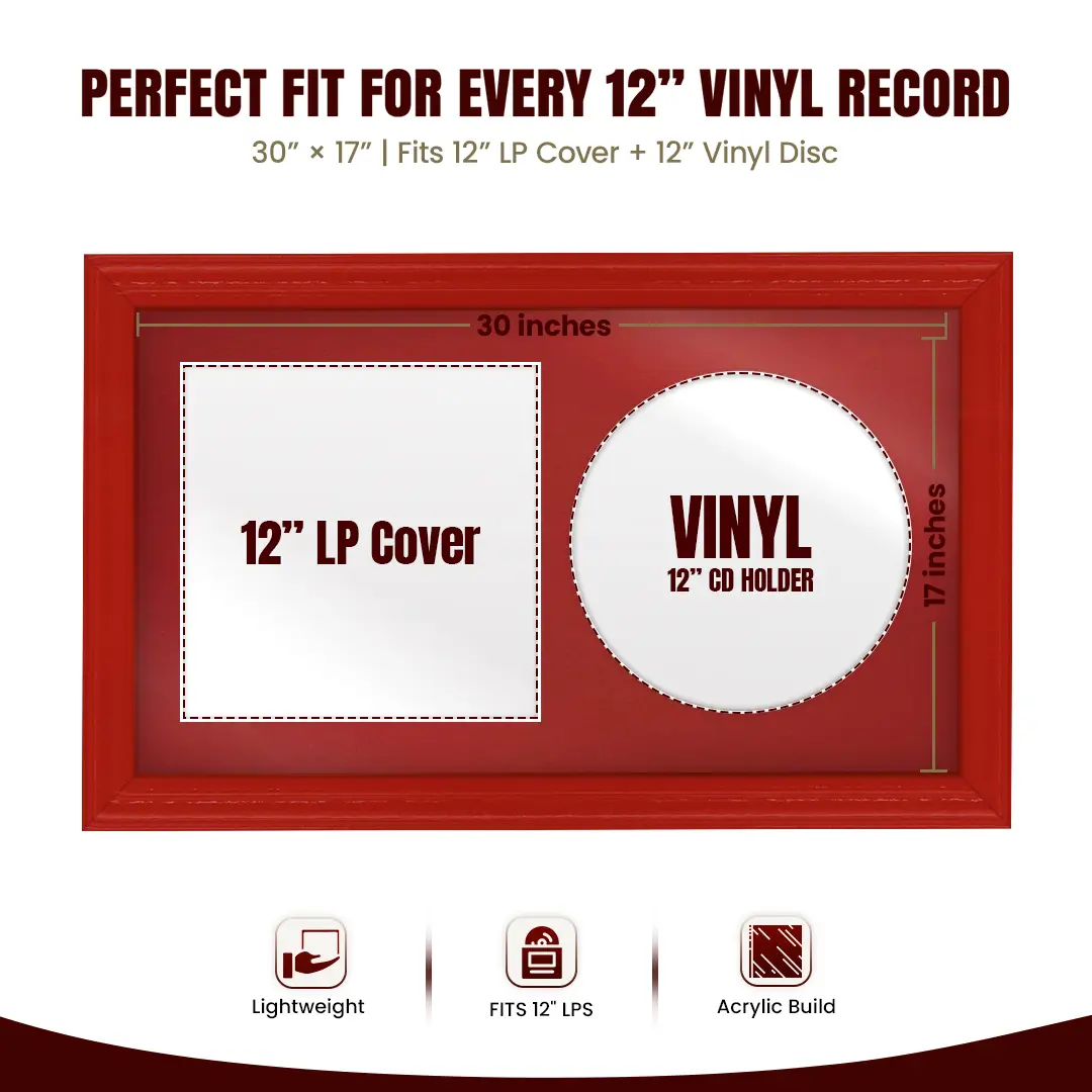 30x17" Classic Red Vinyl Record Frame With Crimson Mount | Displays 12" LP Cover & Disc Side by Side thumbnail 3